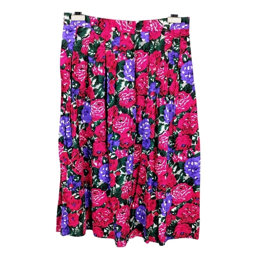 Vintage Koret Viscose Pleated‎ Floral Midi Skirt Size 8 Pink Purple Rose Print